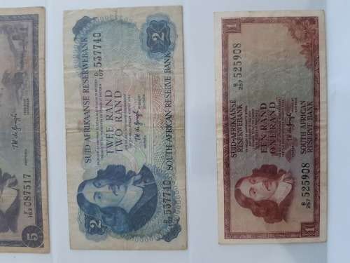 TW de Jongh Set of R1, R2, R5 and R10 South African Banknotes